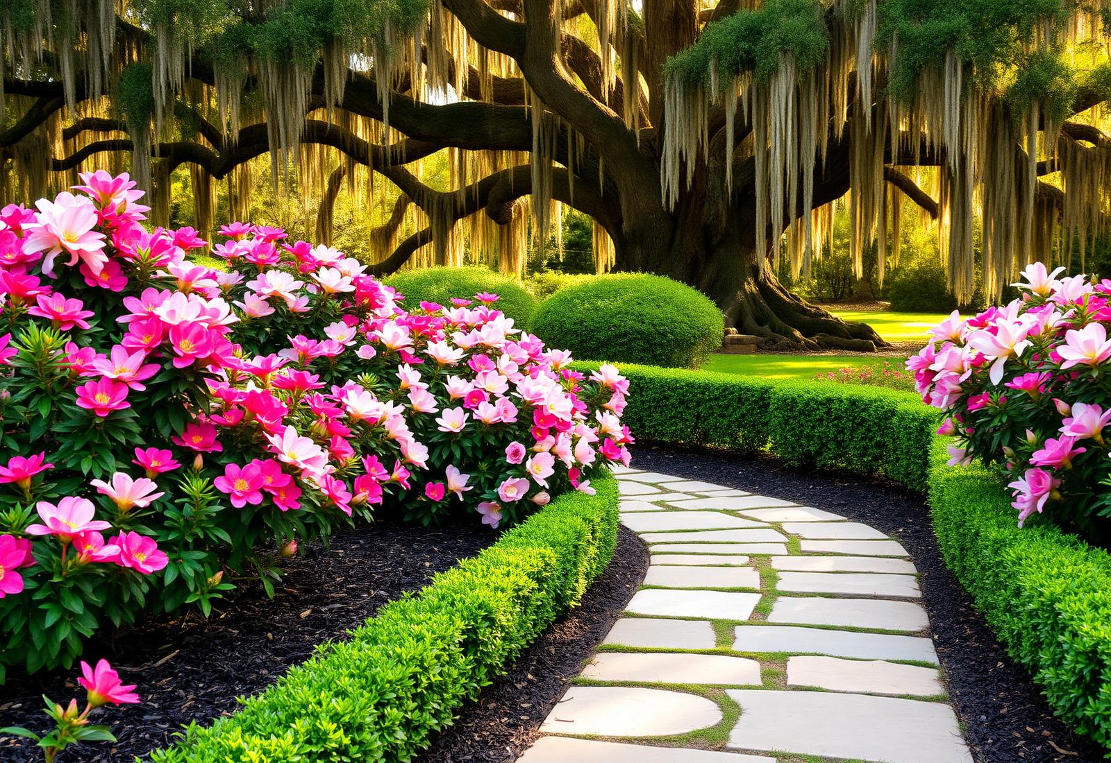 Louisiana garden with azaleas under live oak
